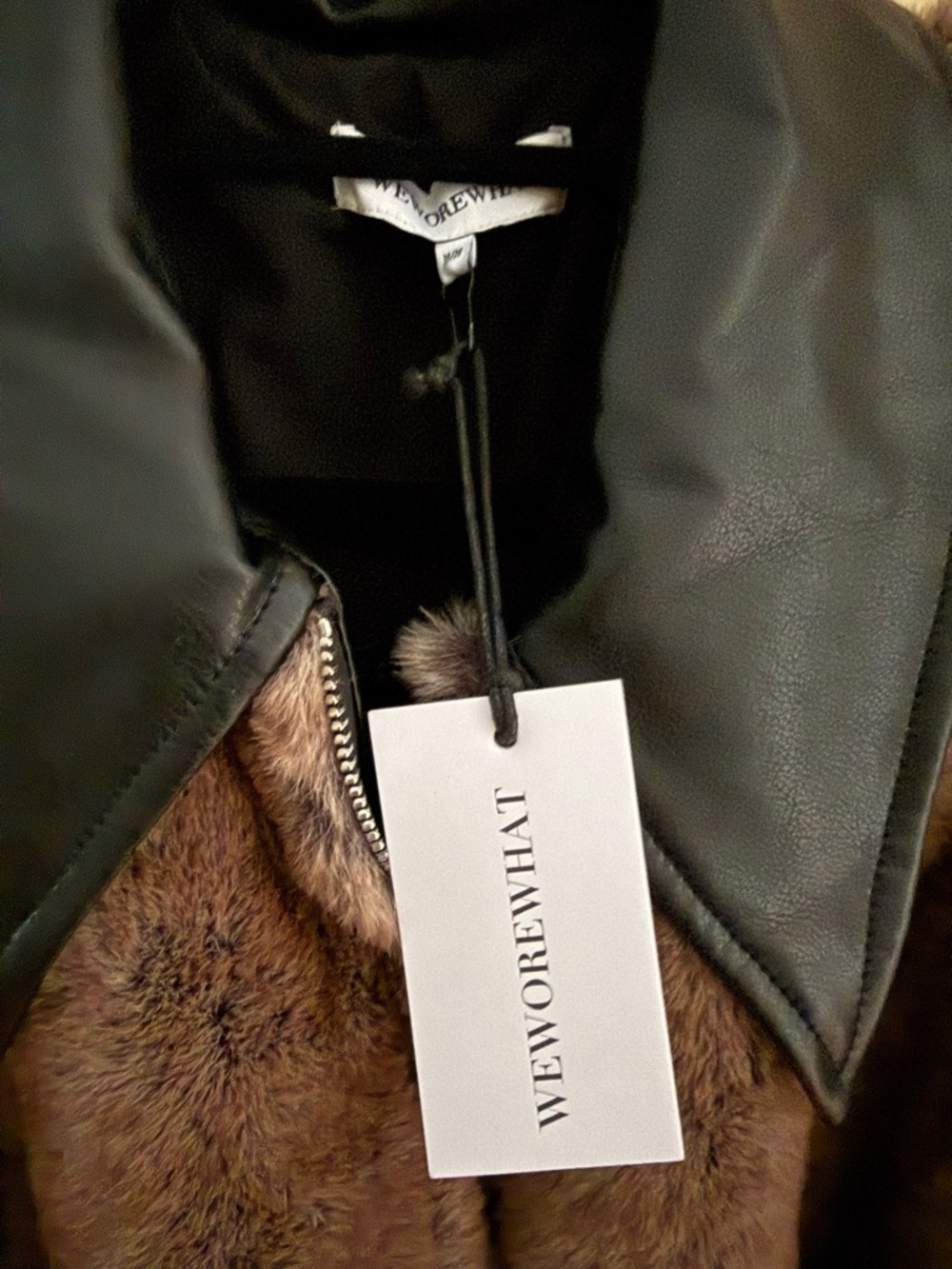 WeWoreWhat Brown Faux Fur Bomber Jacket with Black Trim - Picture 3 of 5